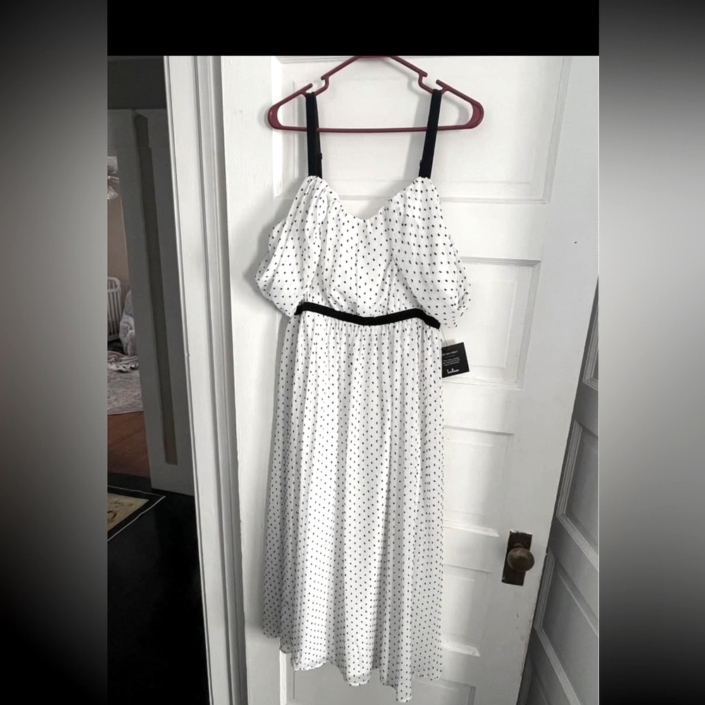 Lulu’s black and white polka dot, off the shoulder midi dress